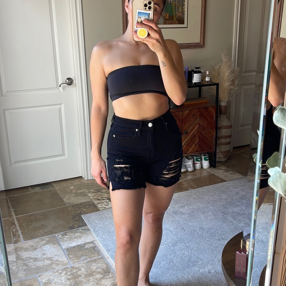 Good American black ripped shorts